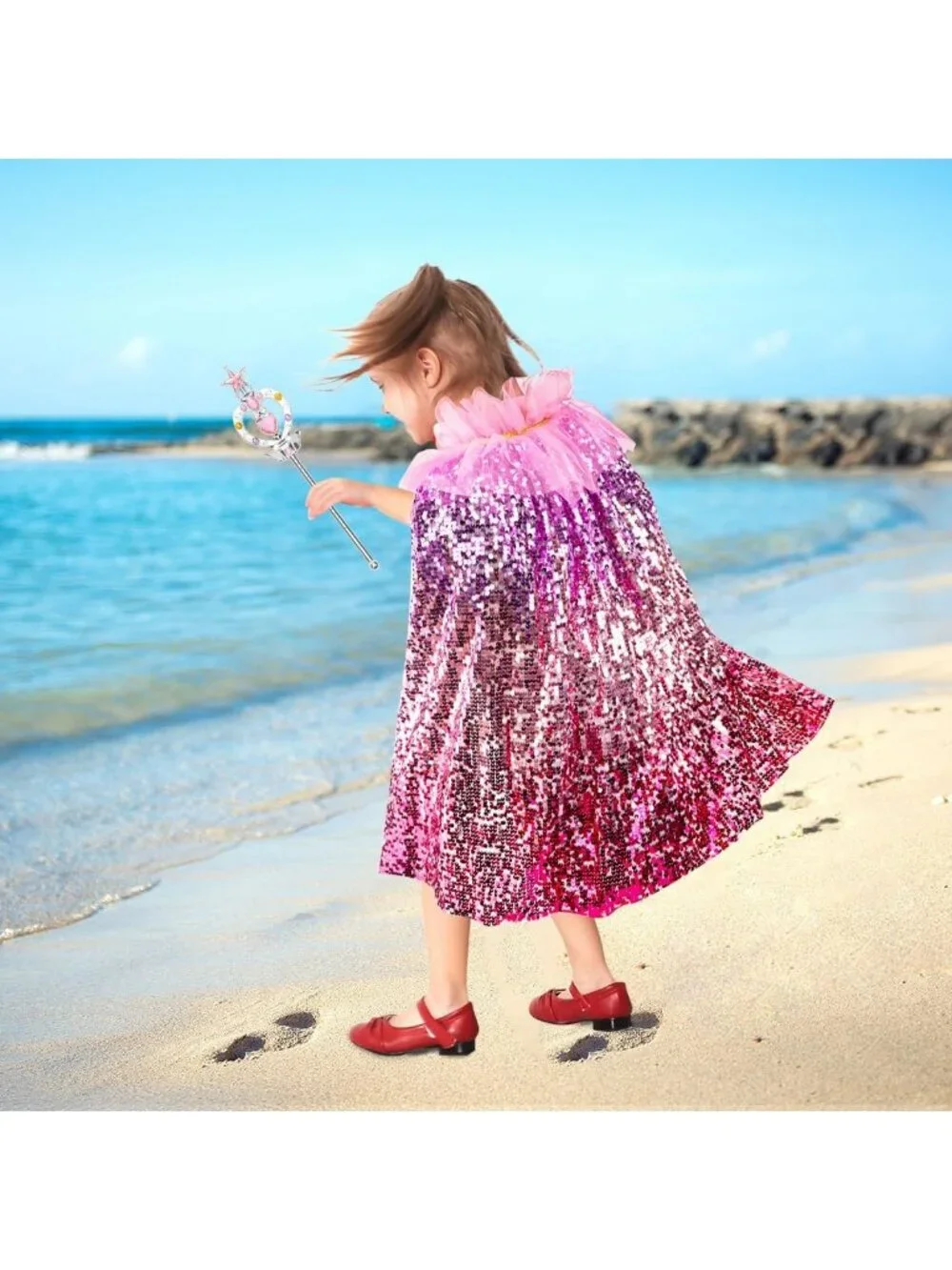 Mermaid Princess Dress Up Cape with Crown Costume Set for Girls Ages 3-8- Red